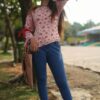 Pink Floral Belt Printed Casual Tops for Women