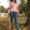 Pink Floral Belt Printed Casual Tops for Women