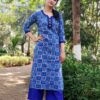 Cobalt Blue Floral Straight Casual Kurtis for Women