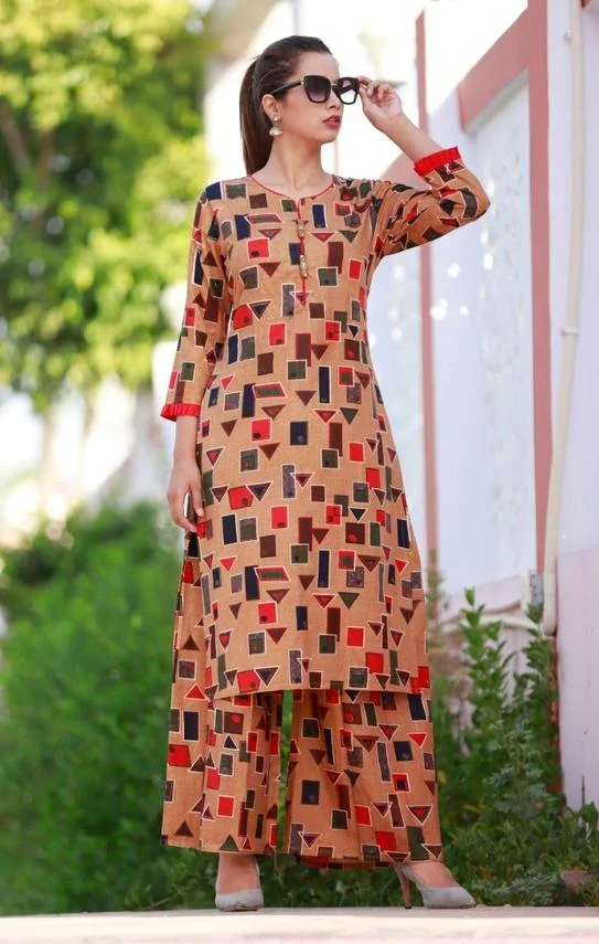 Beige Printed Casual Kurti Set for Women