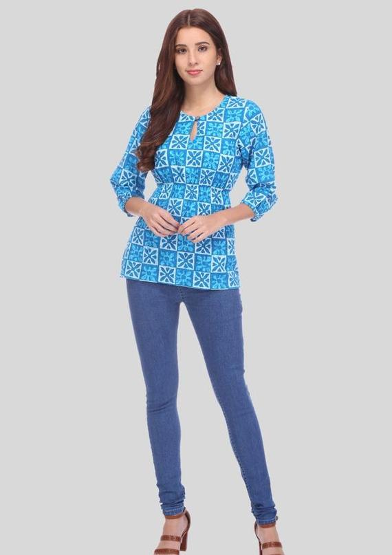 Sky Blue Printed Ethnic Tops for Women - desiymien.com