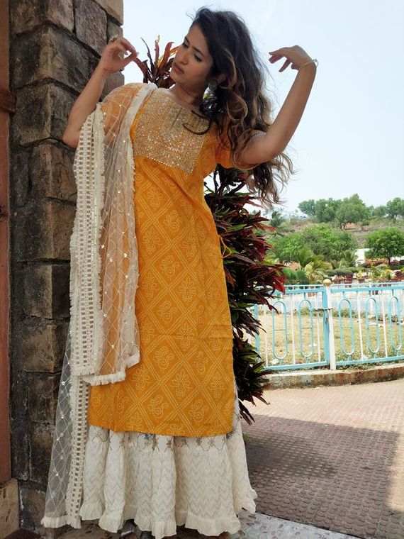 Fuchsia Cotton Bandhani Print Ankle-Length Dress Kurta at Soch